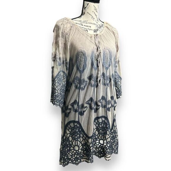 XCVI S Blue Gray Mesh Lace Dress Boho Embroidered Sheer Mini Tunic Festival - Picture 2 of 8
